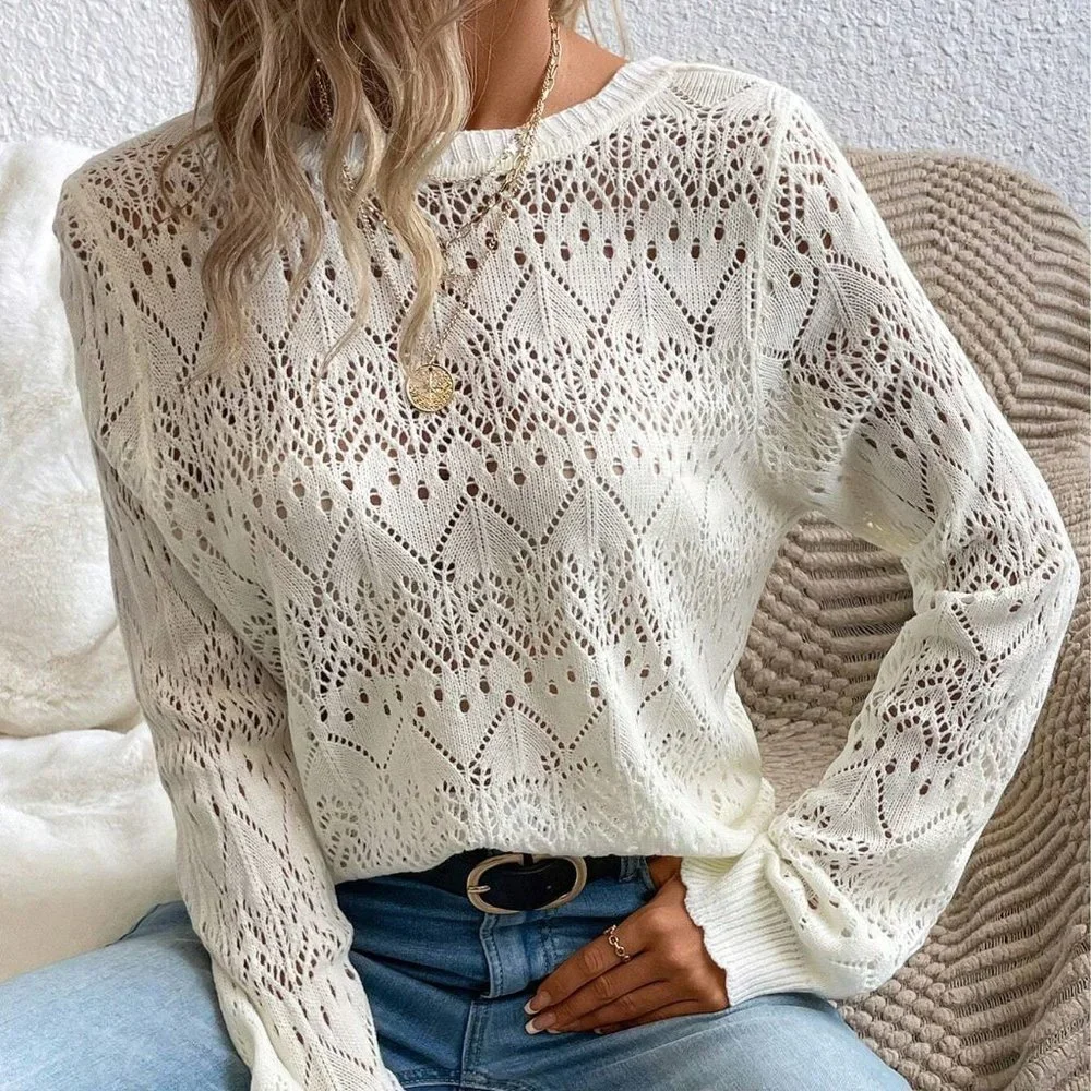 White Boho Womens Solid Pointelle Knit Sweater - Picture 5 of 5